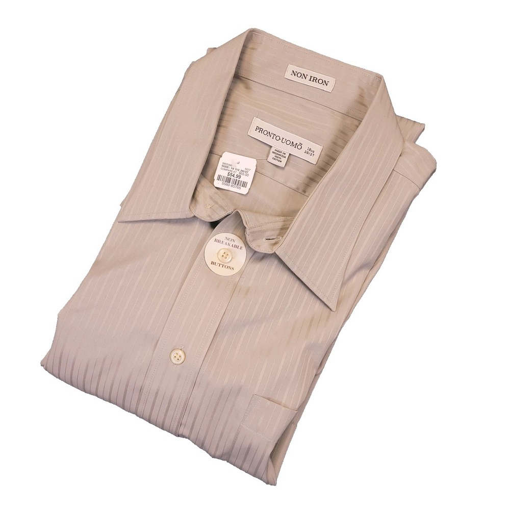 NWT Pronto Uomo Shirt Dress Shirt 18.5 36/37 Button Up Khaki Brown Tonal Stripe